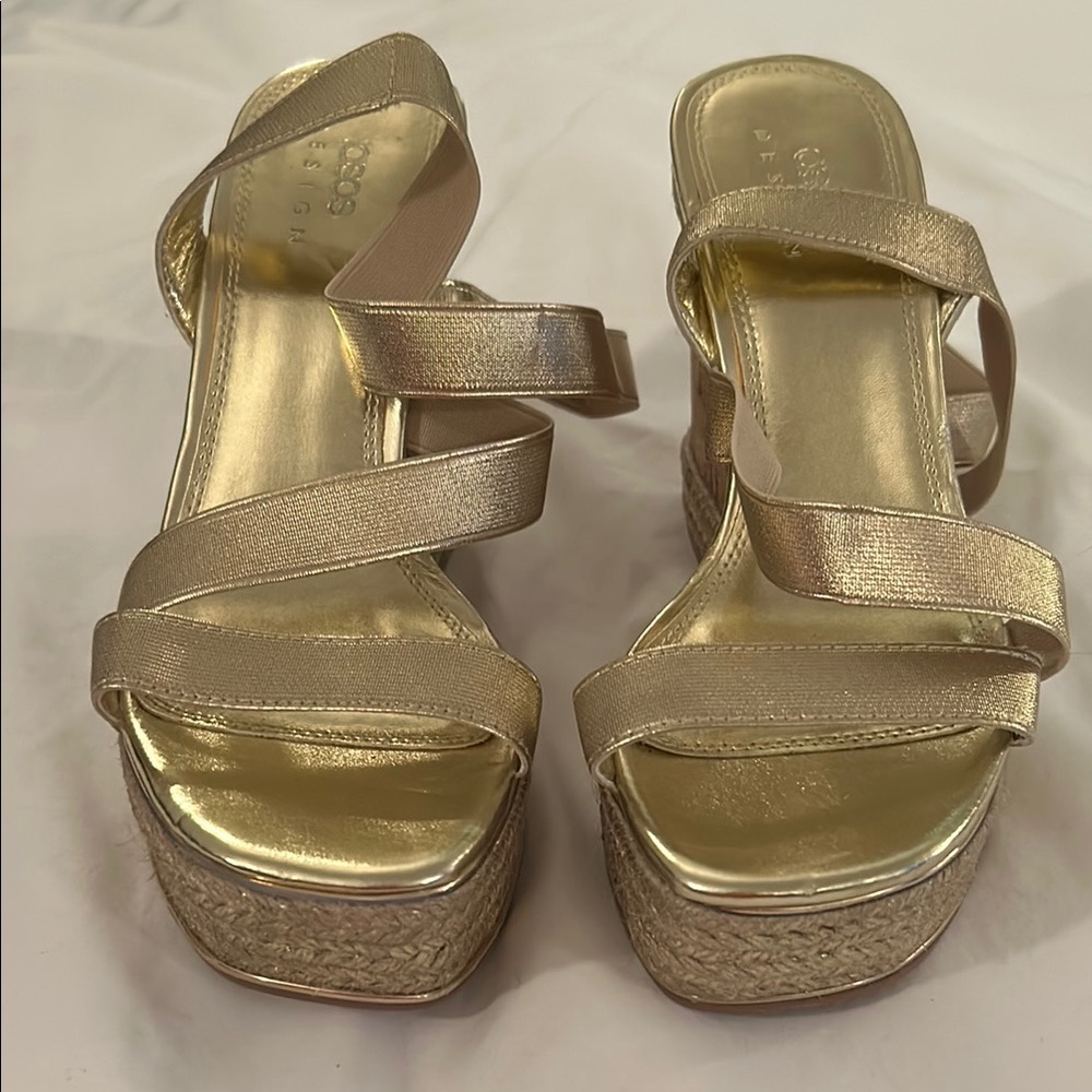 ASOS Design Trinity Elastic Strappy Gold Wedge Sandals - Picture 4 of 6